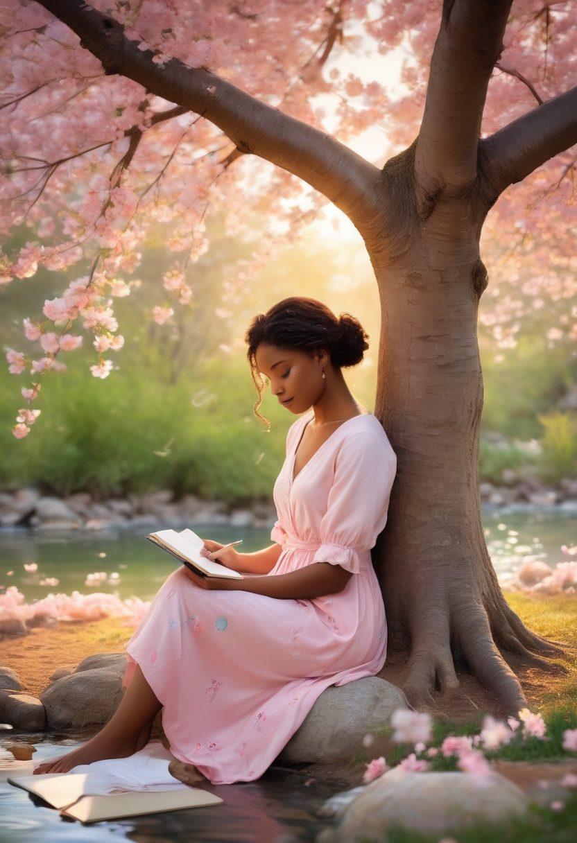 A warm and inviting scene of Tamika sitting under a blooming cherry blossom tree, penning heartfelt love stories in a notebook. Surround her with whimsical floating hearts and soft pastel colors to evoke feelings of affection and joy. Include a gentle stream in the background with a soft glow of sunset casting a romantic light. Capture a sense of tranquility and creativity. dreamy illustration. vibrant colors. 3D.