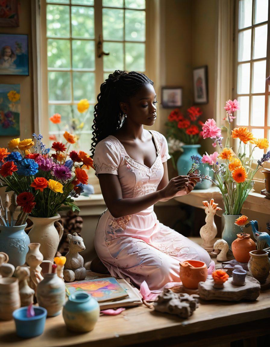 A whimsical artist's workshop filled with vibrant colors, showcasing Tamika's intricate romance-themed creations like heartfelt paintings and beautiful sculptures. Soft glowing light filters through a window, illuminating delicate brush strokes and clay sculptures, while a cozy, inviting atmosphere invites viewers to explore the emotions behind the art. Include floral accents and a gentle breeze to evoke feelings of love and creativity. soft focus. bright colors. 3D.